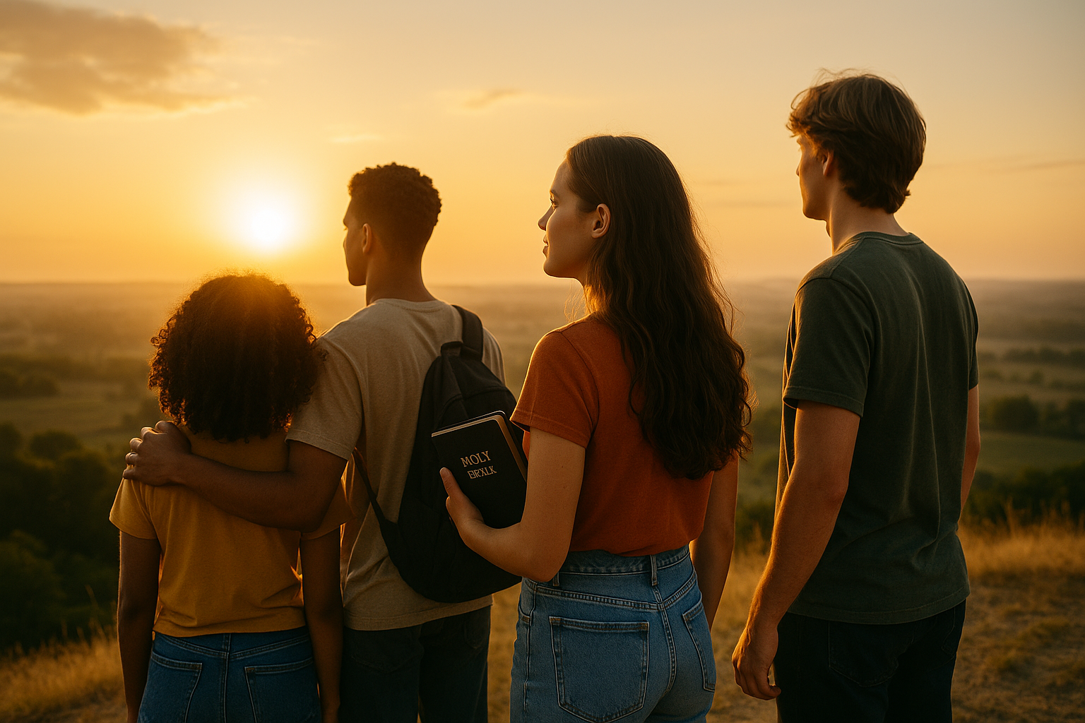 Cuatro jóvenes mirando al horizonte con una Biblia al atardecer, simbolizando esperanza y fe en Dios.