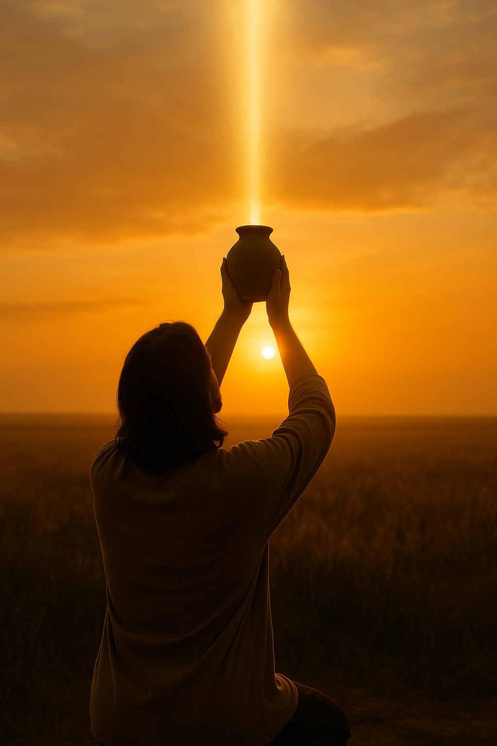Persona arrodillada levantando una jara al cielo al amanecer