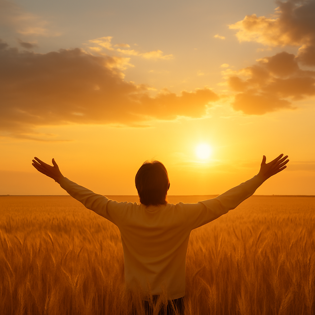Persona alabando en campo de cosecha al atardecer