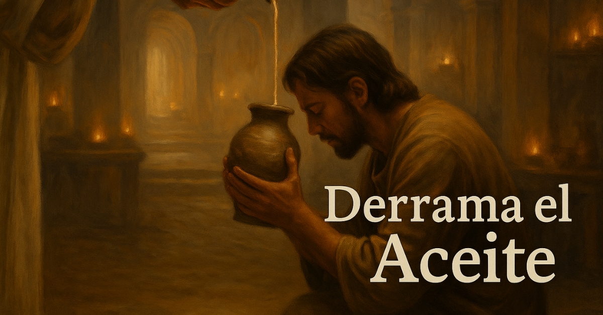 Ilustración de un creyente con jarra antigua recibiendo aceite celestial en un salón bíblico.