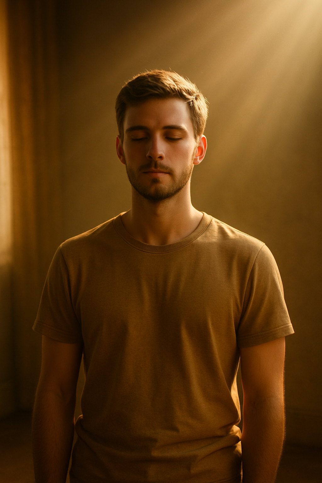 Joven en quietud recibiendo luz del cielo