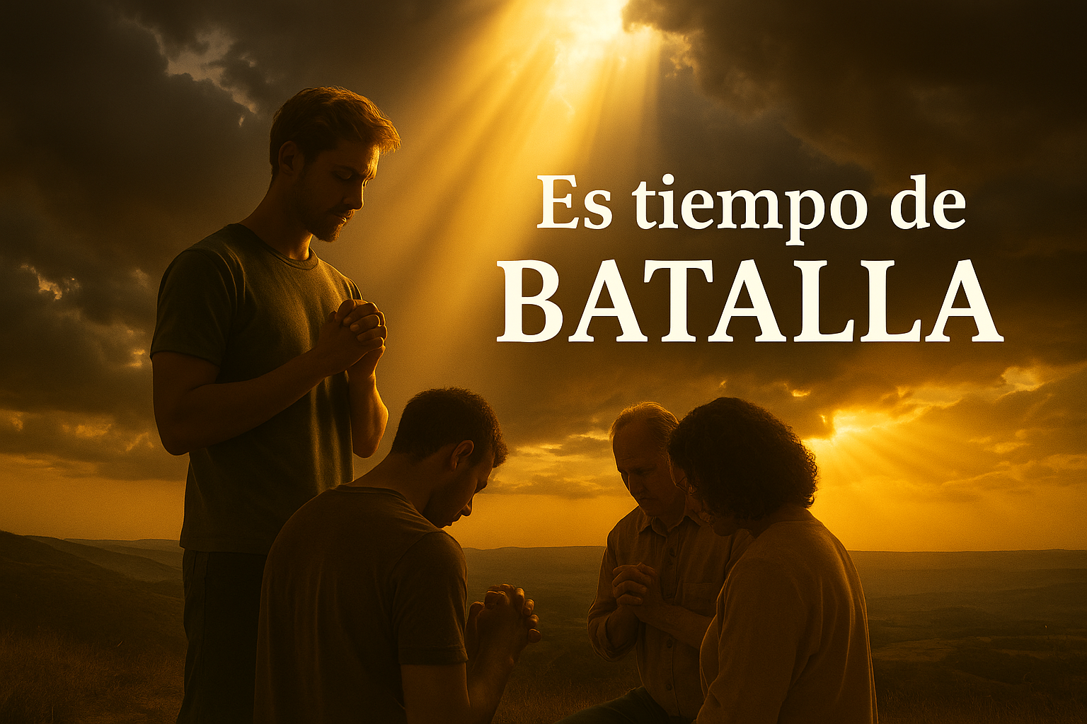 Ilustración de creyentes orando juntos, simbolizando unidad y firmeza en la batalla espiritual