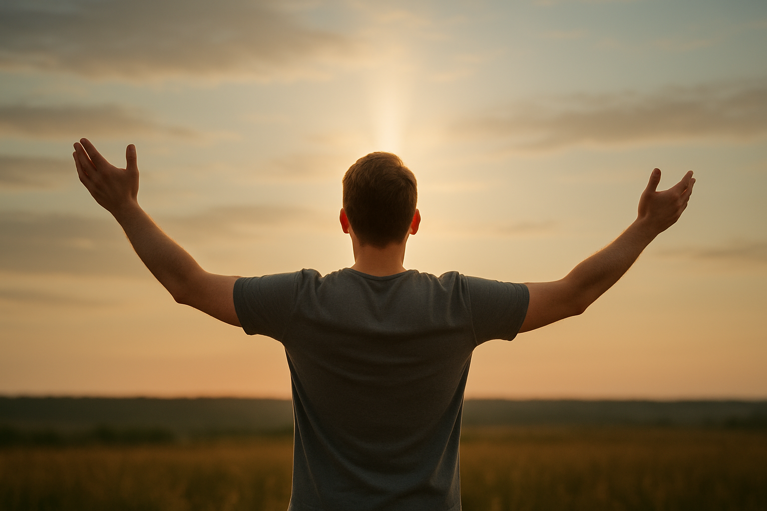 Hombre de espaldas con los brazos abiertos recibiendo la presencia del Espíritu Santo al atardecer