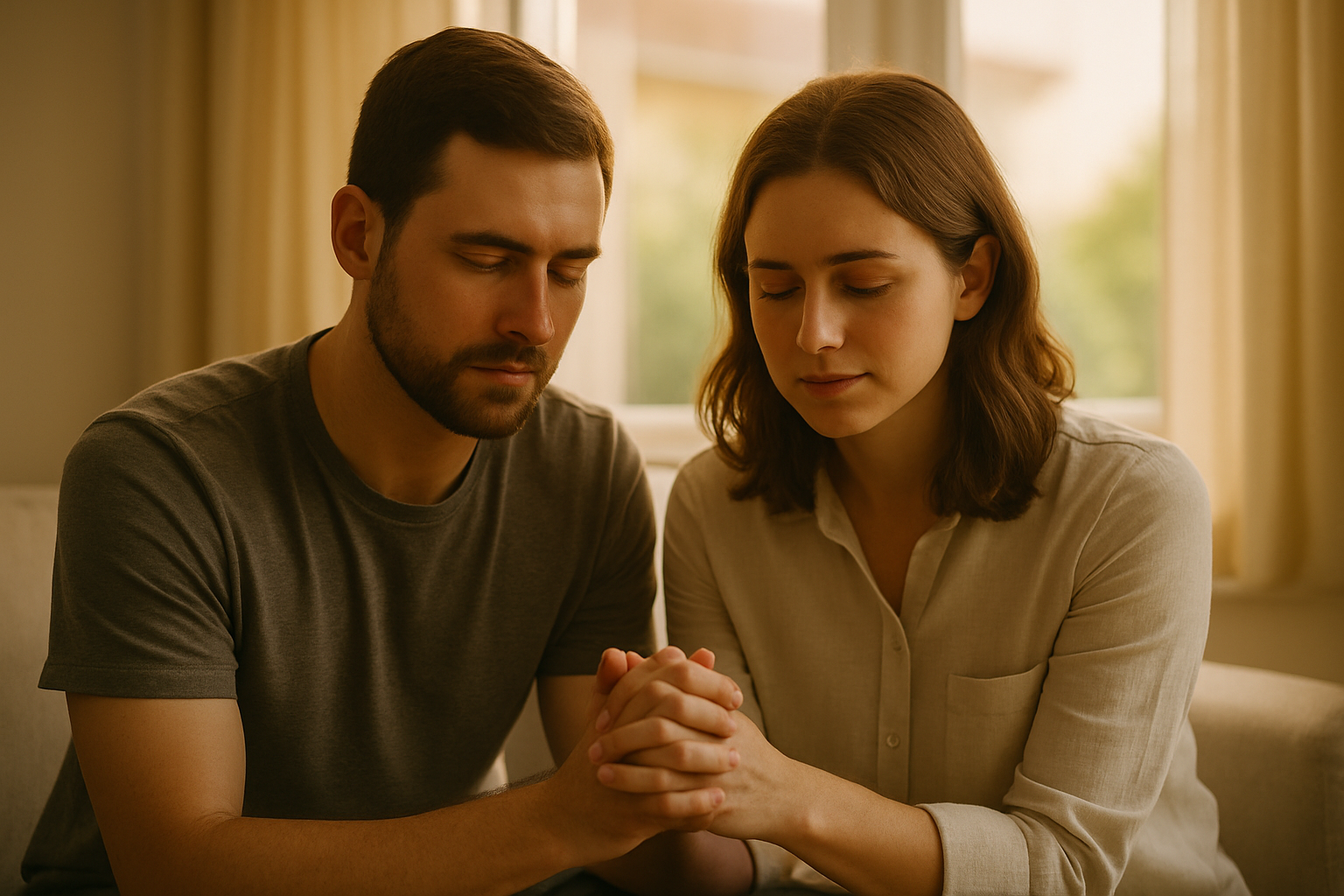 Pareja orando juntos con los ojos cerrados y las manos entrelazadas en actitud de unidad espiritual